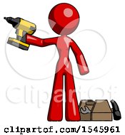 Poster, Art Print Of Red Design Mascot Woman Holding Drill Ready To Work Toolchest And Tools To Right