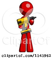 Red Design Mascot Man Holding Large Drill