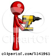 Poster, Art Print Of Red Design Mascot Man Using Drill Drilling Something On Right Side