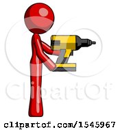 Red Design Mascot Woman Using Drill Drilling Something On Right Side