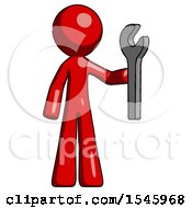 Red Design Mascot Man Holding Wrench Ready To Repair Or Work