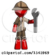 Poster, Art Print Of Red Explorer Ranger Man Holding Wrench Ready To Repair Or Work