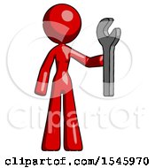 Red Design Mascot Woman Holding Wrench Ready To Repair Or Work