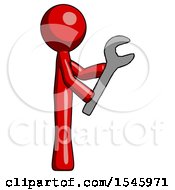 Red Design Mascot Man Using Wrench Adjusting Something To Right