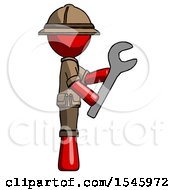 Poster, Art Print Of Red Explorer Ranger Man Using Wrench Adjusting Something To Right