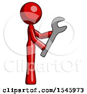 Poster, Art Print Of Red Design Mascot Woman Using Wrench Adjusting Something To Right