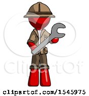 Poster, Art Print Of Red Explorer Ranger Man Holding Large Wrench With Both Hands