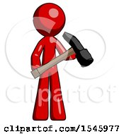 Red Design Mascot Man Holding Hammer Ready To Work