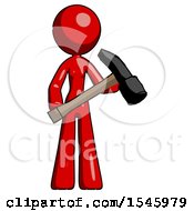 Red Design Mascot Woman Holding Hammer Ready To Work