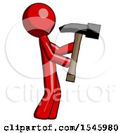 Poster, Art Print Of Red Design Mascot Man Hammering Something On The Right