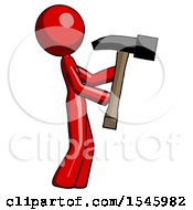 Poster, Art Print Of Red Design Mascot Woman Hammering Something On The Right