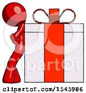 Red Design Mascot Man Gift Concept Leaning Against Large Present