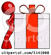 Red Design Mascot Woman Gift Concept Leaning Against Large Present
