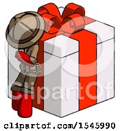 Red Explorer Ranger Man Leaning On Gift With Red Bow Angle View