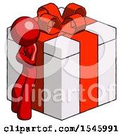 Red Design Mascot Woman Leaning On Gift With Red Bow Angle View