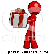 Red Design Mascot Man Presenting A Present With Large Red Bow On It