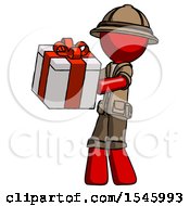 Red Explorer Ranger Man Presenting A Present With Large Red Bow On It