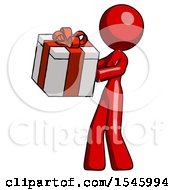 Red Design Mascot Woman Presenting A Present With Large Red Bow On It