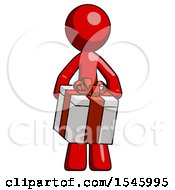 Red Design Mascot Man Gifting Present With Large Bow Front View