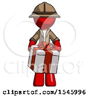 Red Explorer Ranger Man Gifting Present With Large Bow Front View