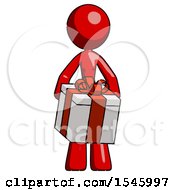 Red Design Mascot Woman Gifting Present With Large Bow Front View