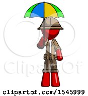 Poster, Art Print Of Red Explorer Ranger Man Holding Umbrella Rainbow Colored