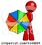 Red Design Mascot Man Holding Rainbow Umbrella Out To Viewer