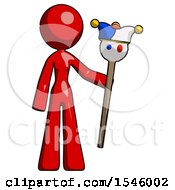 Poster, Art Print Of Red Design Mascot Woman Holding Jester Staff