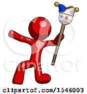 Poster, Art Print Of Red Design Mascot Man Holding Jester Staff Posing Charismatically