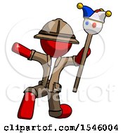 Red Explorer Ranger Man Holding Jester Staff Posing Charismatically