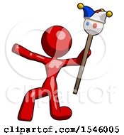 Red Design Mascot Woman Holding Jester Staff Posing Charismatically