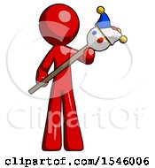 Poster, Art Print Of Red Design Mascot Man Holding Jester Diagonally