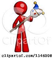 Poster, Art Print Of Red Design Mascot Woman Holding Jester Diagonally