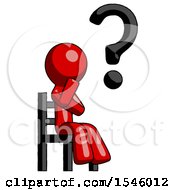 Red Design Mascot Man Question Mark Concept Sitting On Chair Thinking