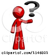 Poster, Art Print Of Red Design Mascot Man Holding Question Mark To Right