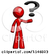 Red Design Mascot Woman Holding Question Mark To Right