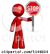 Red Design Mascot Man Holding Stop Sign