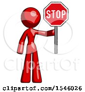 Poster, Art Print Of Red Design Mascot Woman Holding Stop Sign