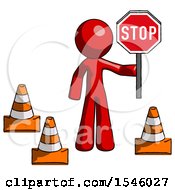 Poster, Art Print Of Red Design Mascot Man Holding Stop Sign By Traffic Cones Under Construction Concept