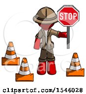 Poster, Art Print Of Red Explorer Ranger Man Holding Stop Sign By Traffic Cones Under Construction Concept