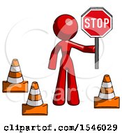 Poster, Art Print Of Red Design Mascot Woman Holding Stop Sign By Traffic Cones Under Construction Concept