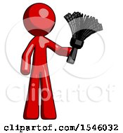 Poster, Art Print Of Red Design Mascot Man Holding Feather Duster Facing Forward