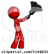 Poster, Art Print Of Red Design Mascot Man Dusting With Feather Duster Upwards