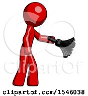 Poster, Art Print Of Red Design Mascot Man Dusting With Feather Duster Downwards