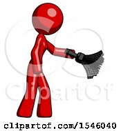 Poster, Art Print Of Red Design Mascot Woman Dusting With Feather Duster Downwards