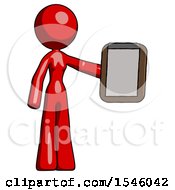 Poster, Art Print Of Red Design Mascot Woman Showing Clipboard To Viewer
