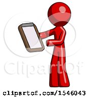 Poster, Art Print Of Red Design Mascot Man Reviewing Stuff On Clipboard