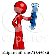 Red Design Mascot Woman Holding Large Test Tube
