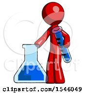 Red Design Mascot Man Holding Test Tube Beside Beaker Or Flask