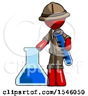 Red Explorer Ranger Man Holding Test Tube Beside Beaker Or Flask
